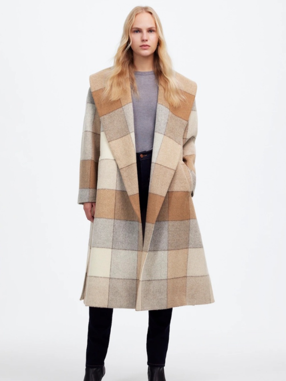 Madewell Belted Robe Coat in Plaid Soft Fawn Size XS